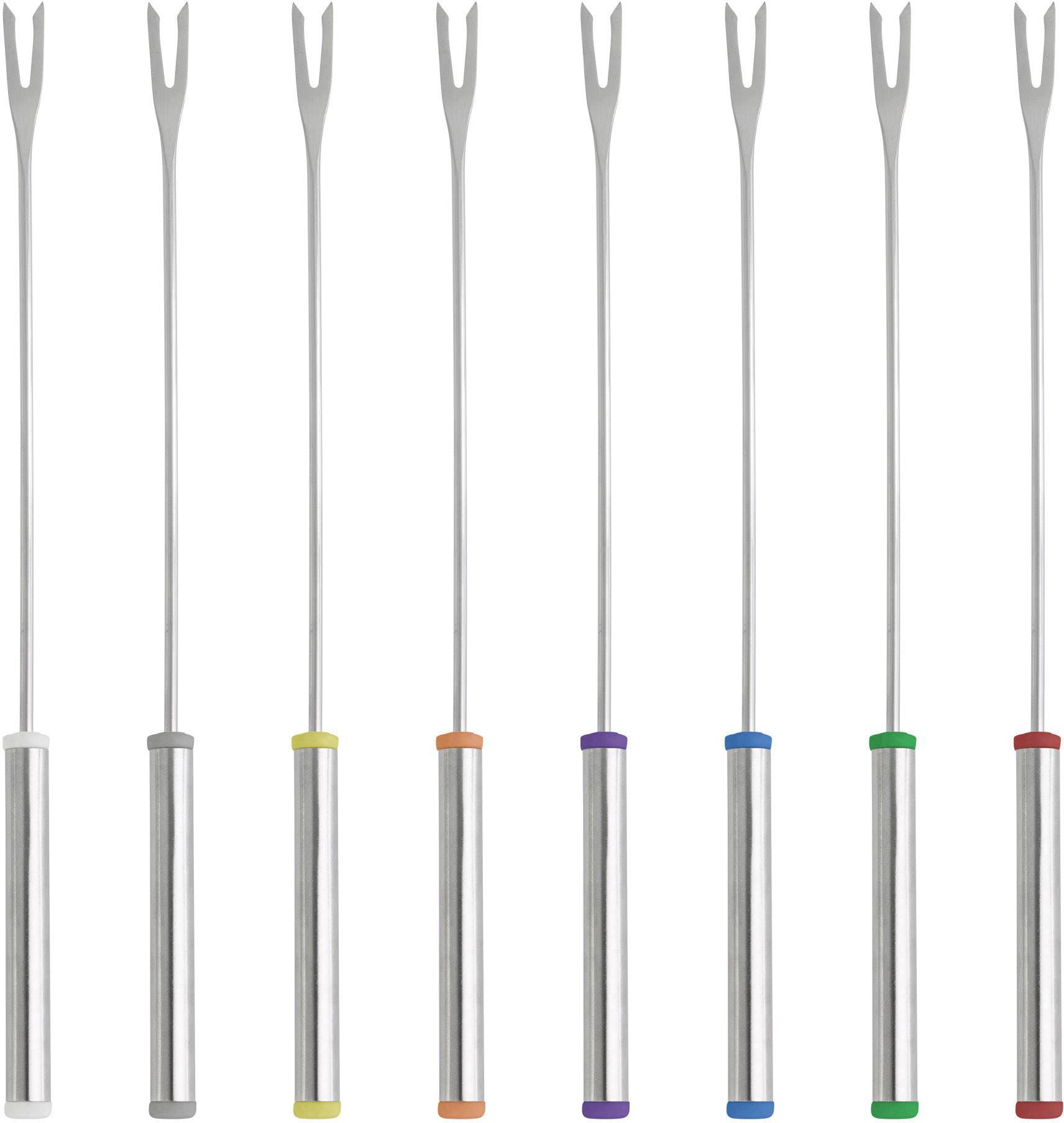 Acht lange Fondue-Gabeln, jeweils mit unterschiedlich farbigen Markierungen am Griff: weiß, gelb, orange, rot, lila, blau, grün, schwarz.