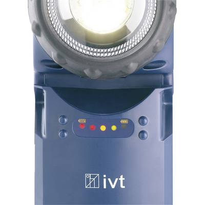 Blaues tragbares LED-Lichtgerät mit vier Anzeigeleuchten unten: eine grüne, eine rote, eine gelbe und eine rote. Logo 'ivt' sichtbar.