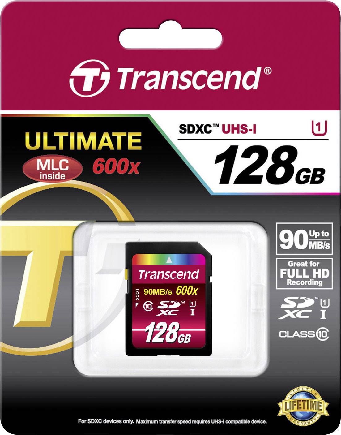 Transcend SDXC-Speicherkarte, 128 GB Kapazität, UHS-I, 600x Geschwindigkeit, geeignet für Full HD-Aufnahmen, Class 10.