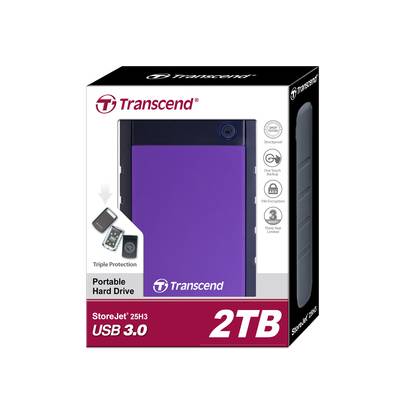 Transcend tragbare Festplatte, 2TB, USB 3.0. Abgebildet ist die Verpackung mit Festplatte, mit Fokus auf Speicherkapazität und Anschlussart.