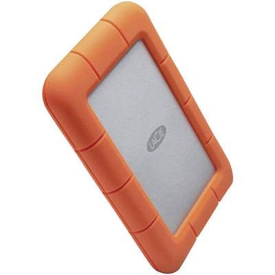 Tragbare externe Festplatte mit orangefarbenem Schutzgehäuse, markiert mit 'Lacie'.