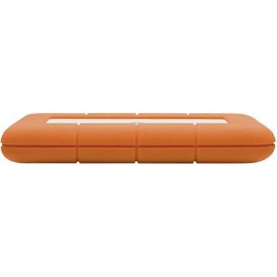 Eine tragbare, orange-gummierte Festplatte in Rechteckform.