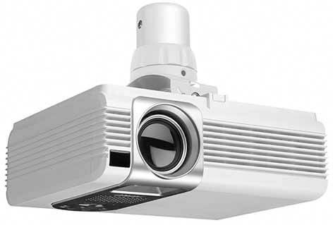 Ein weißer Deckenprojektor ist an einer Halterung befestigt. Der Projektor ist in einem leeren, weißen Raum montiert.