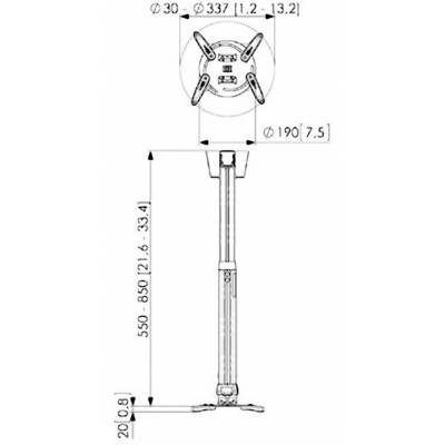 Technische Zeichnung einer Monitorhalterung mit Maßen: Durchmesser 30-337 mm, Länge 550-850 mm, Breite 190 mm.