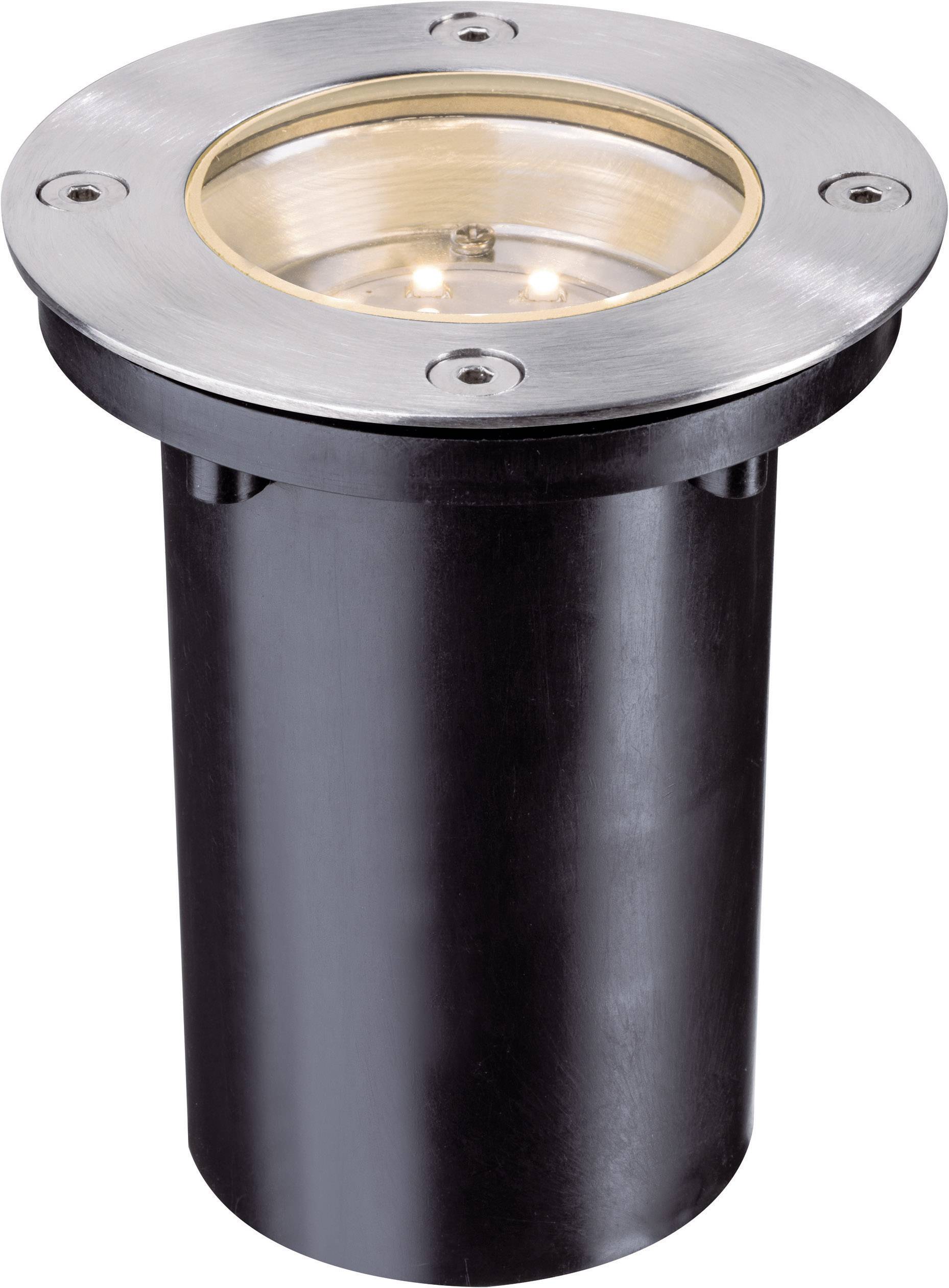 Einbauleuchte mit schwarzem Zylindergehäuse und silberner Abdeckung, geeignet für den Außenbereich.
