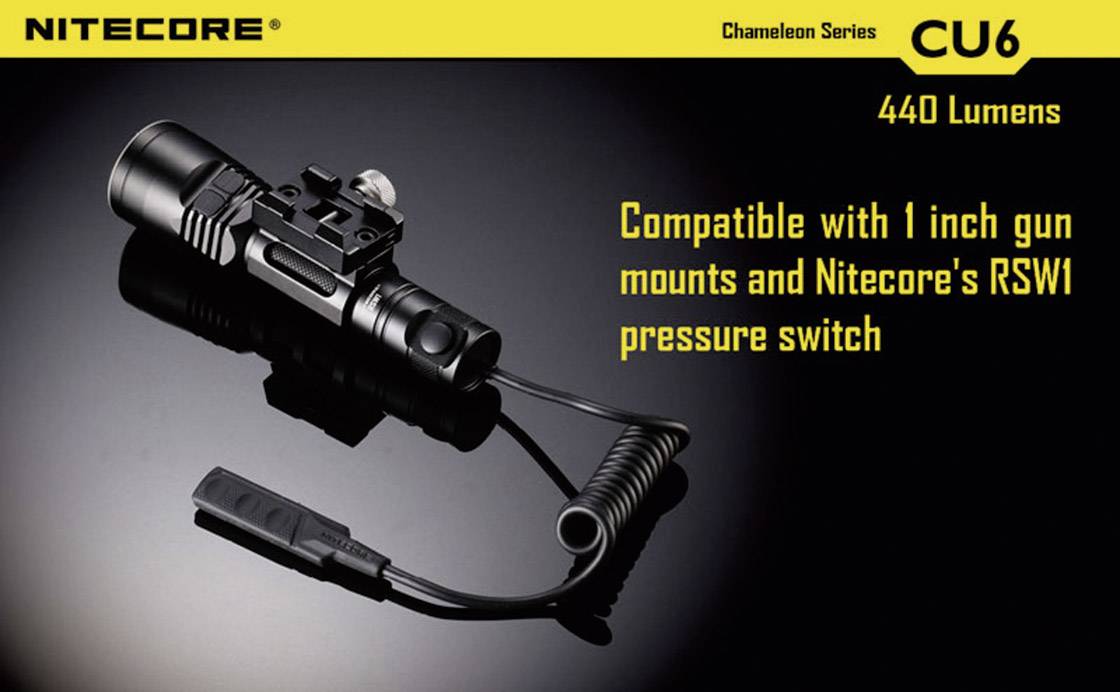 Taschenlampe von Nitecore, Modell CU6, 440 Lumen. Kompatibel mit 1-Zoll Gewehrhalterungen und Nitecore's RSW1 Druckschalter.