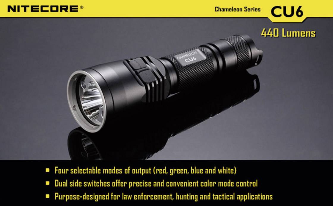 Taschenlampe von Nitecore, Modell CU6, 440 Lumen. Bietet vier Lichtmodi und duale Seitenschalter für einfache Farbsteuerung. Entwickelt für Polizei und Outdoor-Aktivitäten.