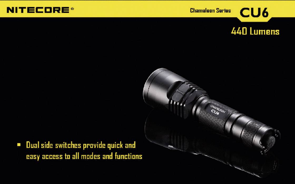 Taschenlampe Nitecore CU6 mit 440 Lumen. Hervorgehobenes Merkmal: Doppelseitige Schalter für schnellen Zugriff auf alle Modi und Funktionen.