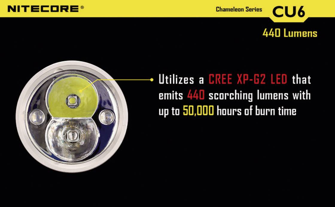 'CU6 Taschenlampe mit CREE XP-G2 LED, 440 Lumen Helligkeit, Lebensdauer von bis zu 50.000 Stunden.'