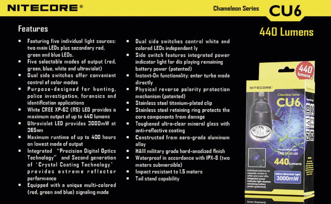 Schwarzer Hintergrund mit gelber Schrift: 'NITECORE Chameleon Series CU6 440 Lumens'. Bild mit Taschenlampe und Verpackung. Funktionen und Spezifikationen aufgelistet.