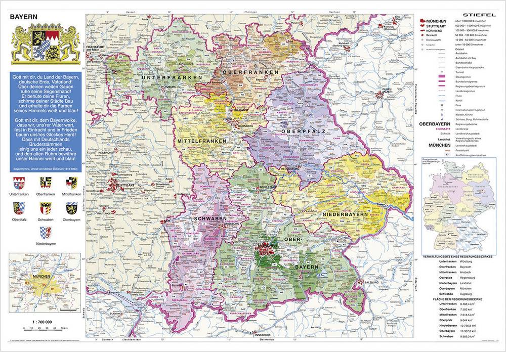 Bayern politisch mit Postleitzahlen Wandkarte / Poster kaufen