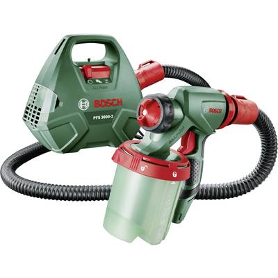 Bosch Farbsprühsystem PFS 3000-2 in Grün und Rot. Enthält einen Farbtank, einen Schlauch und eine Pistole für das Auftragen von Farbe.