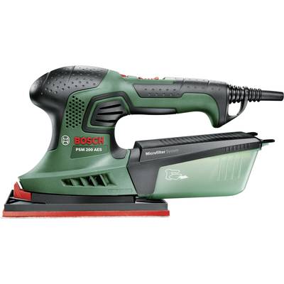Eine Bosch PSM 200 AES Multischleifmaschine mit grünem Gehäuse, roter Schleifplatte und Staubauffangbehälter.