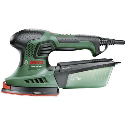 Ein grüner Bosch PSM 200 AES Multischleifer mit ergonomischem Griff und einem integrierten Microfilter-System.