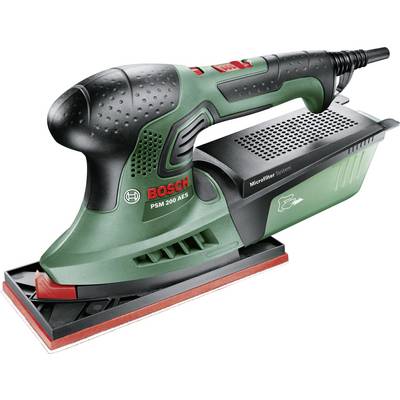 Grüne Bosch Multischleifmaschine, Modell PSM 200 AES, mit rotem Schalter und abnehmbarem Filterbehälter. Geeignet für Holzarbeiten.
