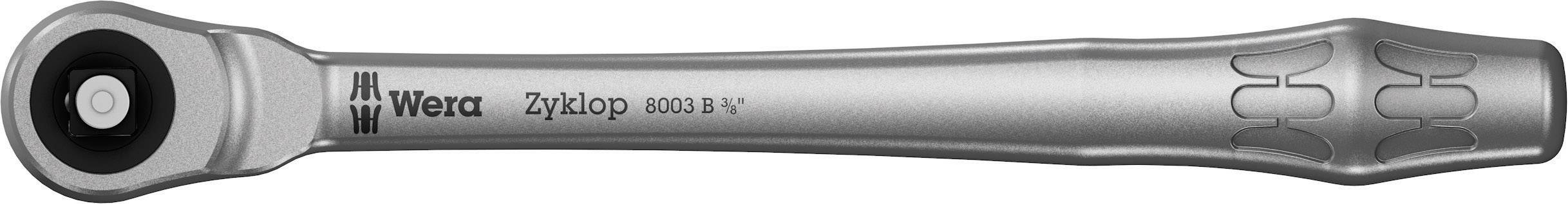 Ratsche mit silbernem Metallgriff, schwarzem Kopf und Gravur 'Wera Zyklop 8003 B 1/4'.