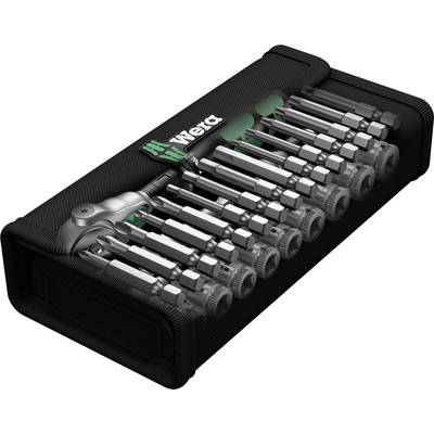 'Satz von Schraubendreher-Bits und Ratsche in einer schwarzen Box mit Wera-Logo. Enthält Bits in verschiedenen Größen und Formen.'