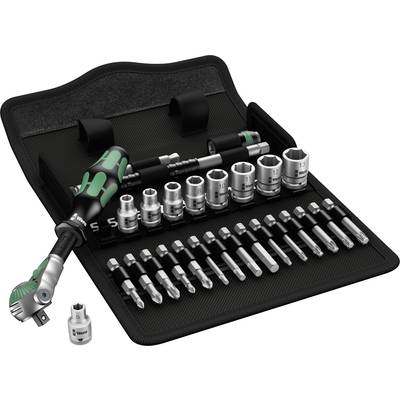 Ein Satz Steckschlüssel und Bits in einem offenen Etui, inklusive Ratsche mit grünem Griff, verschiedene Größen erkennbar.