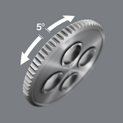 Metallrad mit 5°-Winkelanzeige, zeigt Mechanismus oder Bewegung an. Hauptmerkmal: Gezahnte Kanten und Pfeile für Drehrichtung.