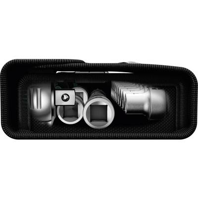 Ein Set von Steckschlüsseln und Werkzeugen in einem schwarzen Etui. Sichtbare Nüsse unterschiedlicher Größe und Formen, geordnet nebeneinander.
