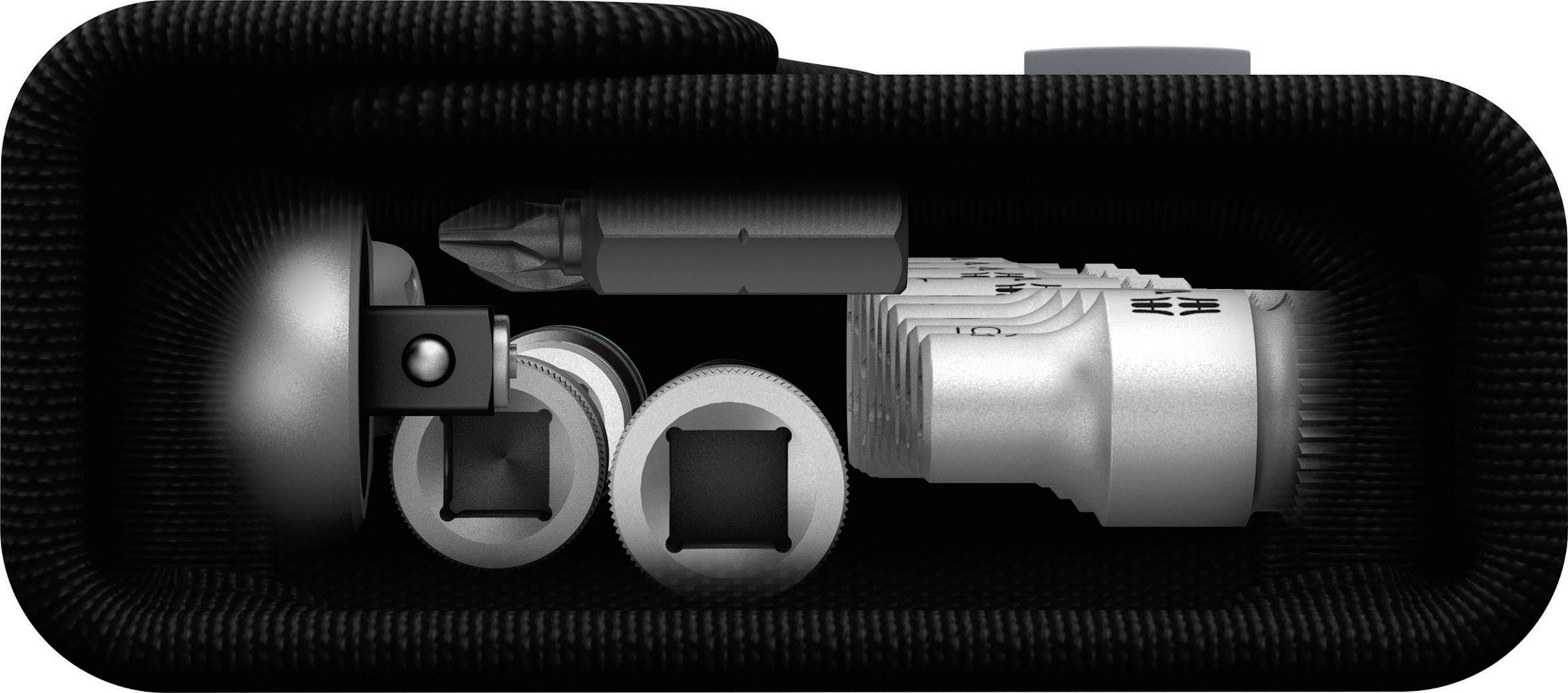 Werkzeugset bestehend aus Schraubenzieherklinge, Stecknüssen und Griff in einem kompakten, schwarzen Etui.