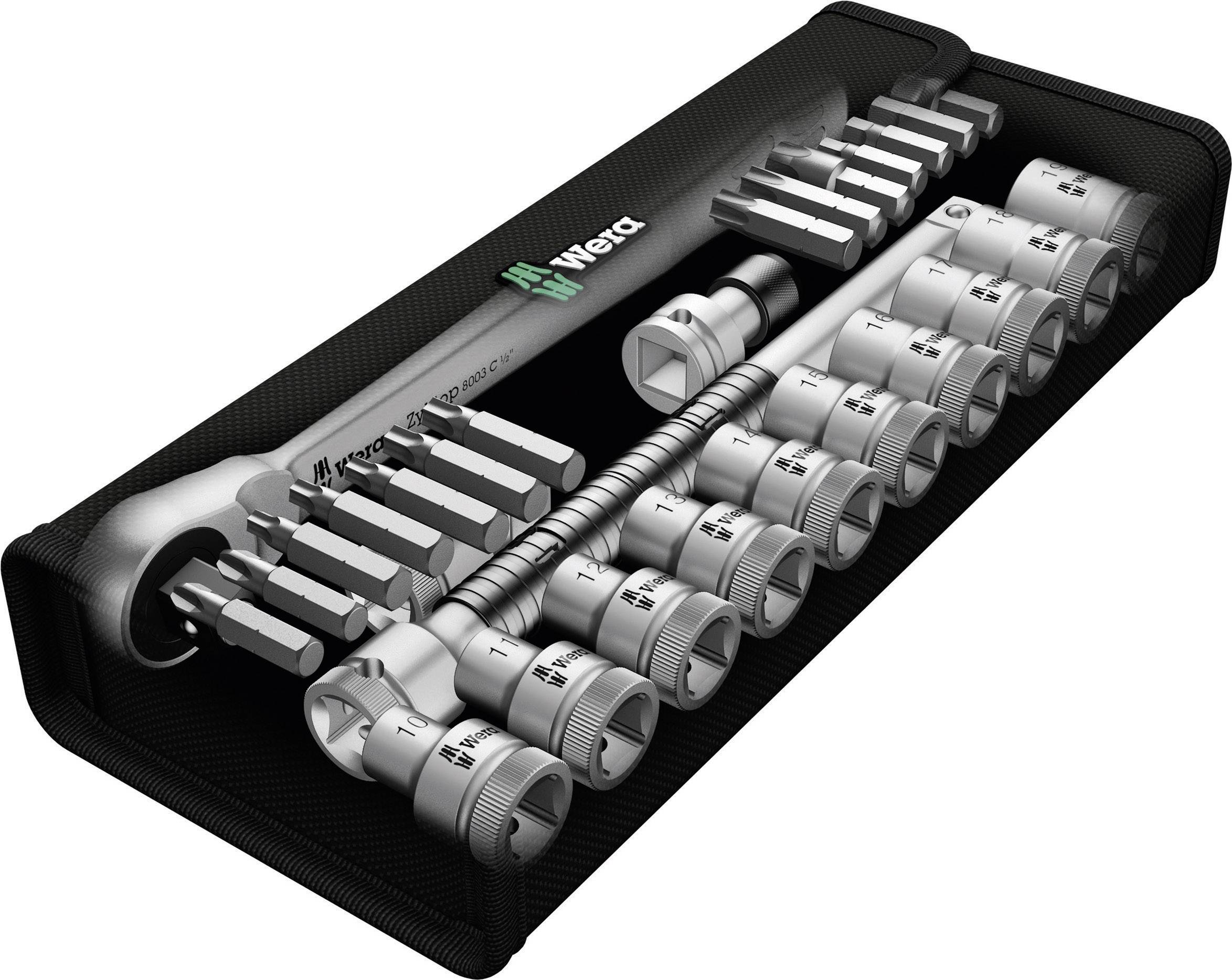 Ein Wera Schraubendreher-Set mit Ratsche, Stecknüssen und Bits in einer organisierten Box. Ideal für universelle Schraubarbeiten.