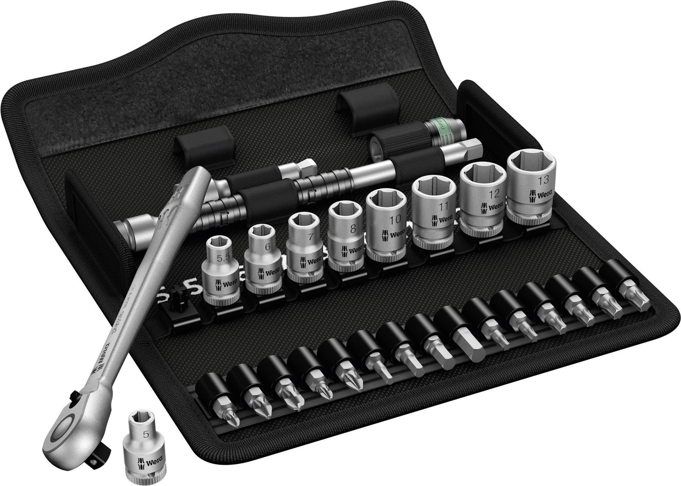 Ein Steckschlüsselsatz mit Ratsche, verschiedenen Stecknüssen und Bits in einer schwarzen Aufbewahrungstasche. Ideal für Reparaturen.