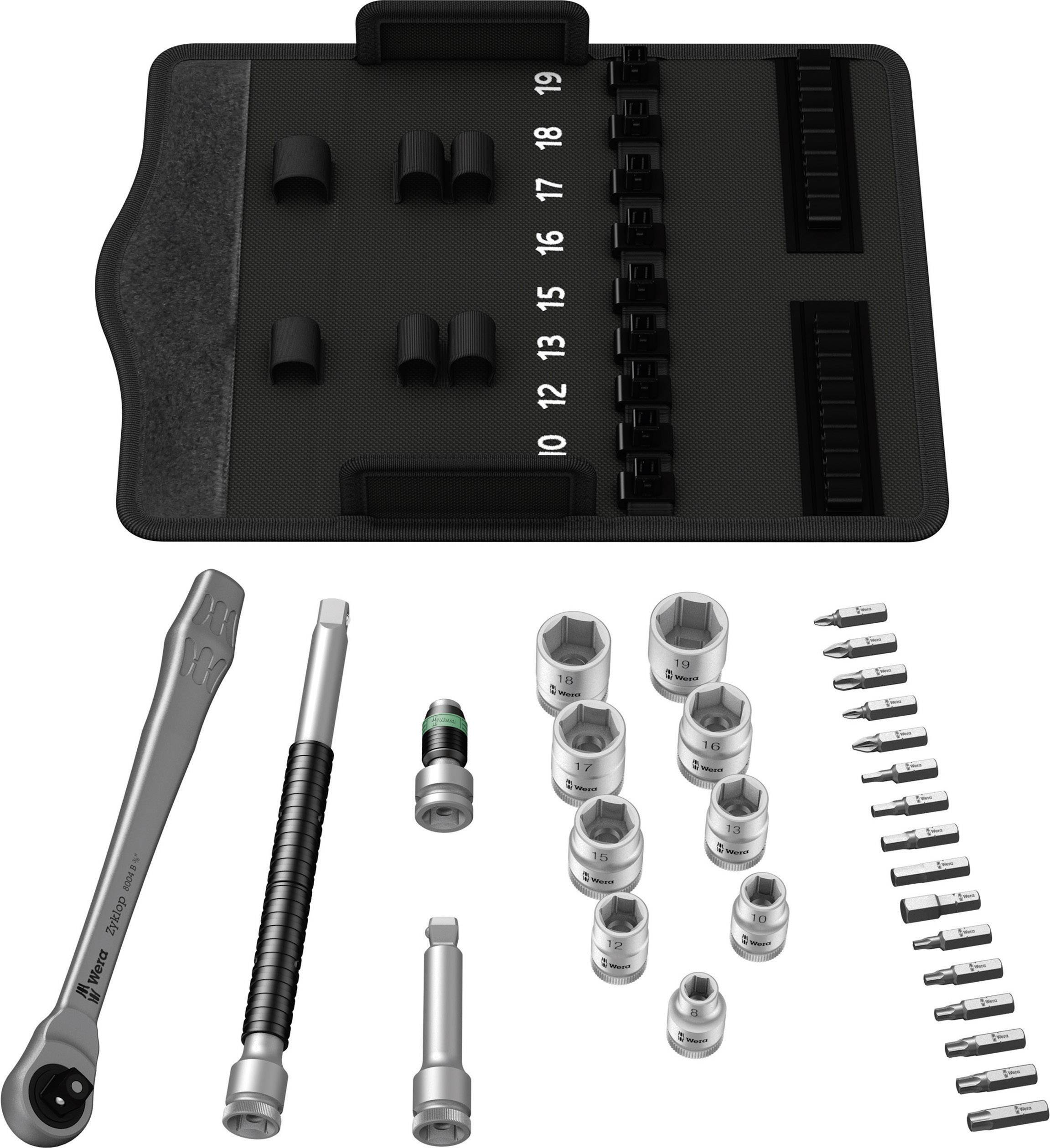 Werkzeugset mit Steckschlüsseln, Bitaufsätzen und Ratsche, auf schwarzer Trägerplatte nummeriert von 10 bis 19. Geeignet für Mechaniker.