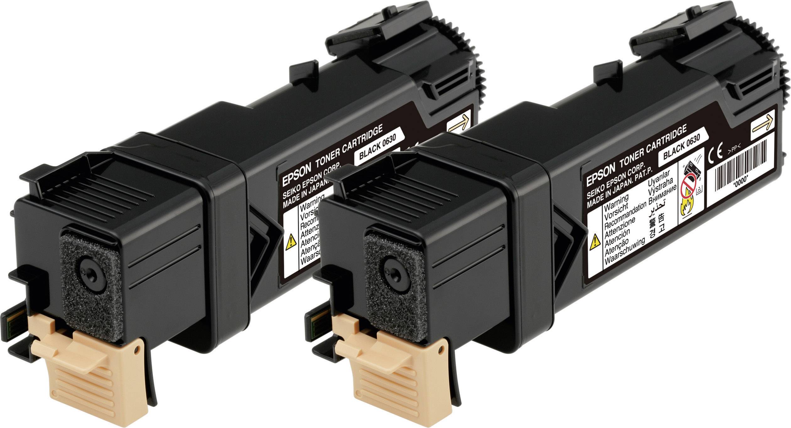 Zwei schwarze Epson-Tonerkartuschen nebeneinander mit Etiketten und Warnhinweisen.