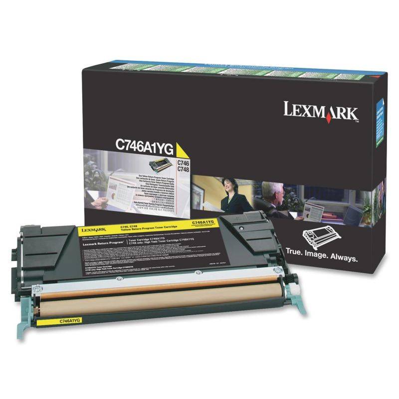 Drucker-Toner von Lexmark, Modell C746A1YG, gezeigt mit Verpackung im Hintergrund.