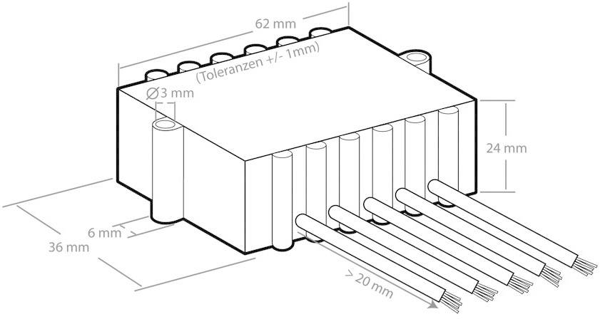 Diagramm eines rechteckigen elektronischen Bauteils mit Abmessungen: 62 mm Breite, 36 mm Länge, 24 mm Höhe. Es zeigt Kabelanschlüsse.