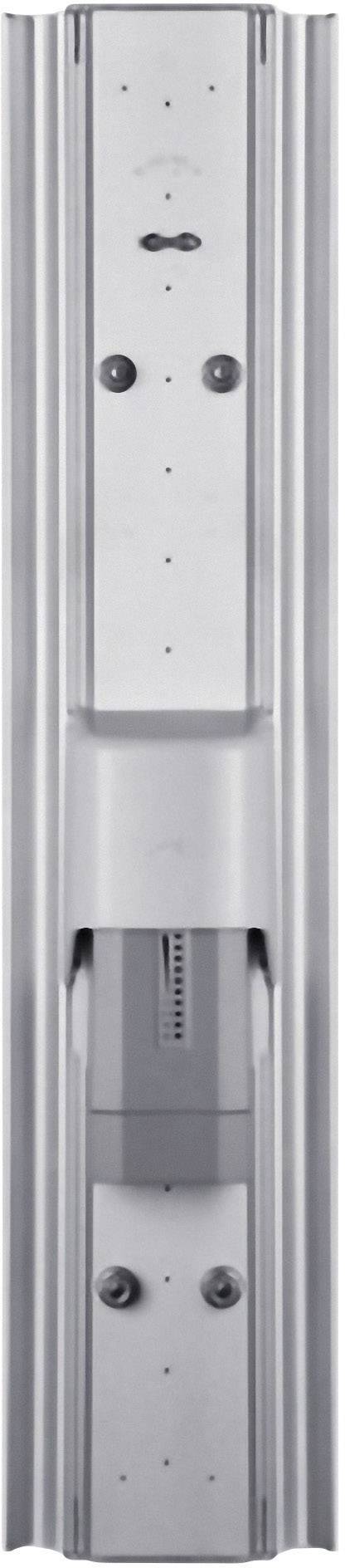 Metalstange mit sichtbarer Mechanik und Schrauben, vertikal ausgerichtet. Sie zeigt Details einer technischen oder mechanischen Struktur.