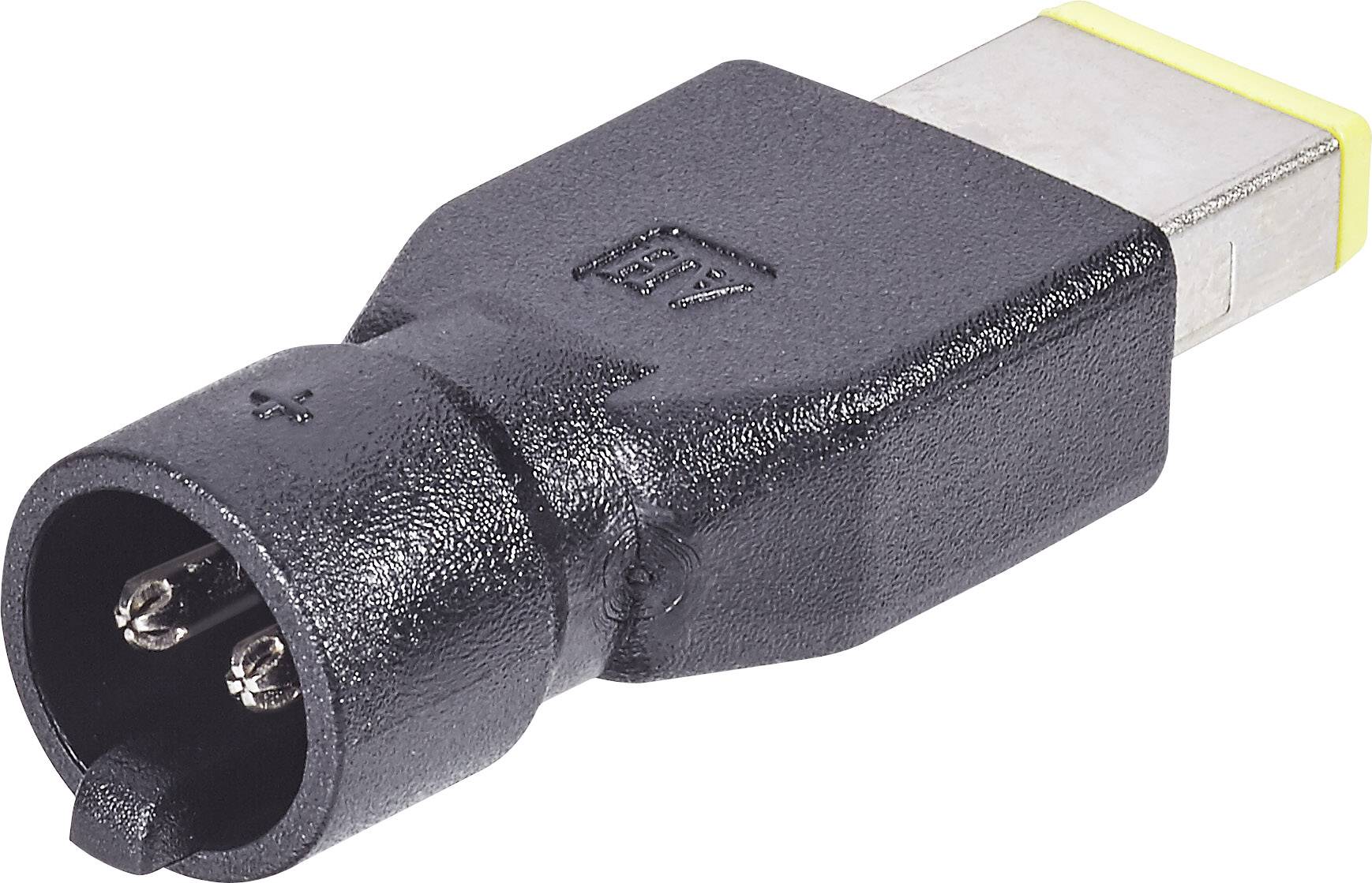 Schwarzer elektrischer Adapter mit rechteckigem Stecker und rundem Anschluss, verwendet zum Verbinden elektronischer Geräte.