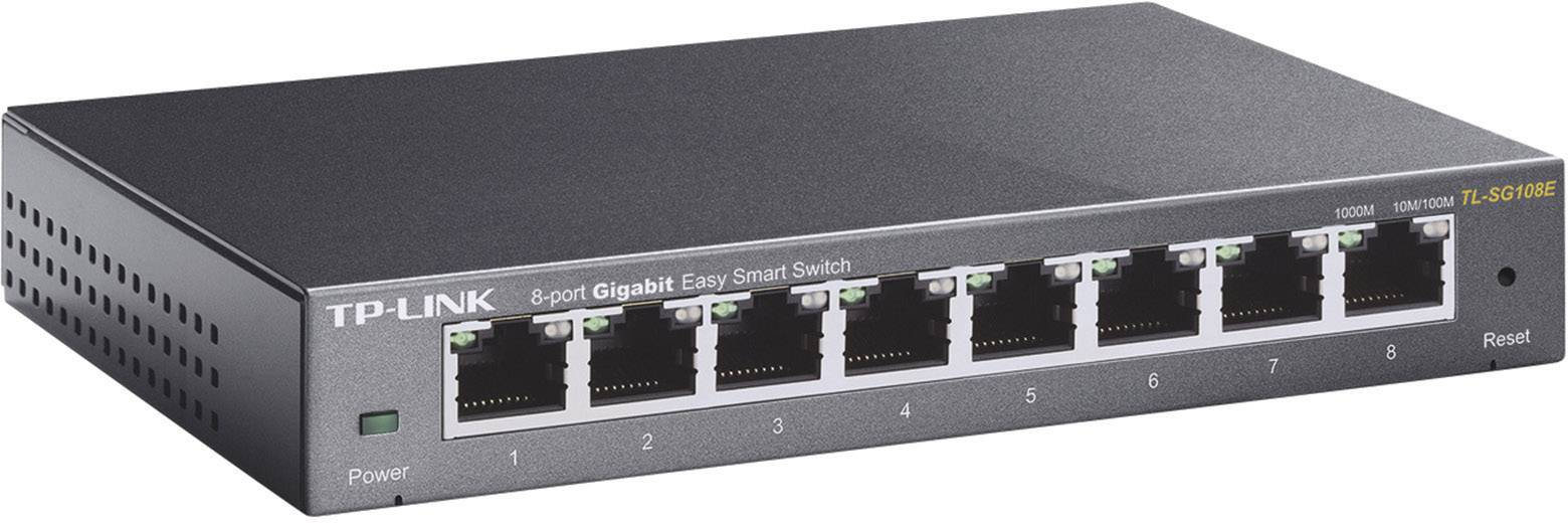 Acht-Port-Gigabit-Switch von TP-Link, Modell 'TL-SG108E', zur einfachen Netzwerkkonnektivität und Verwaltung in kleinen Büros oder Heimnetzwerken.