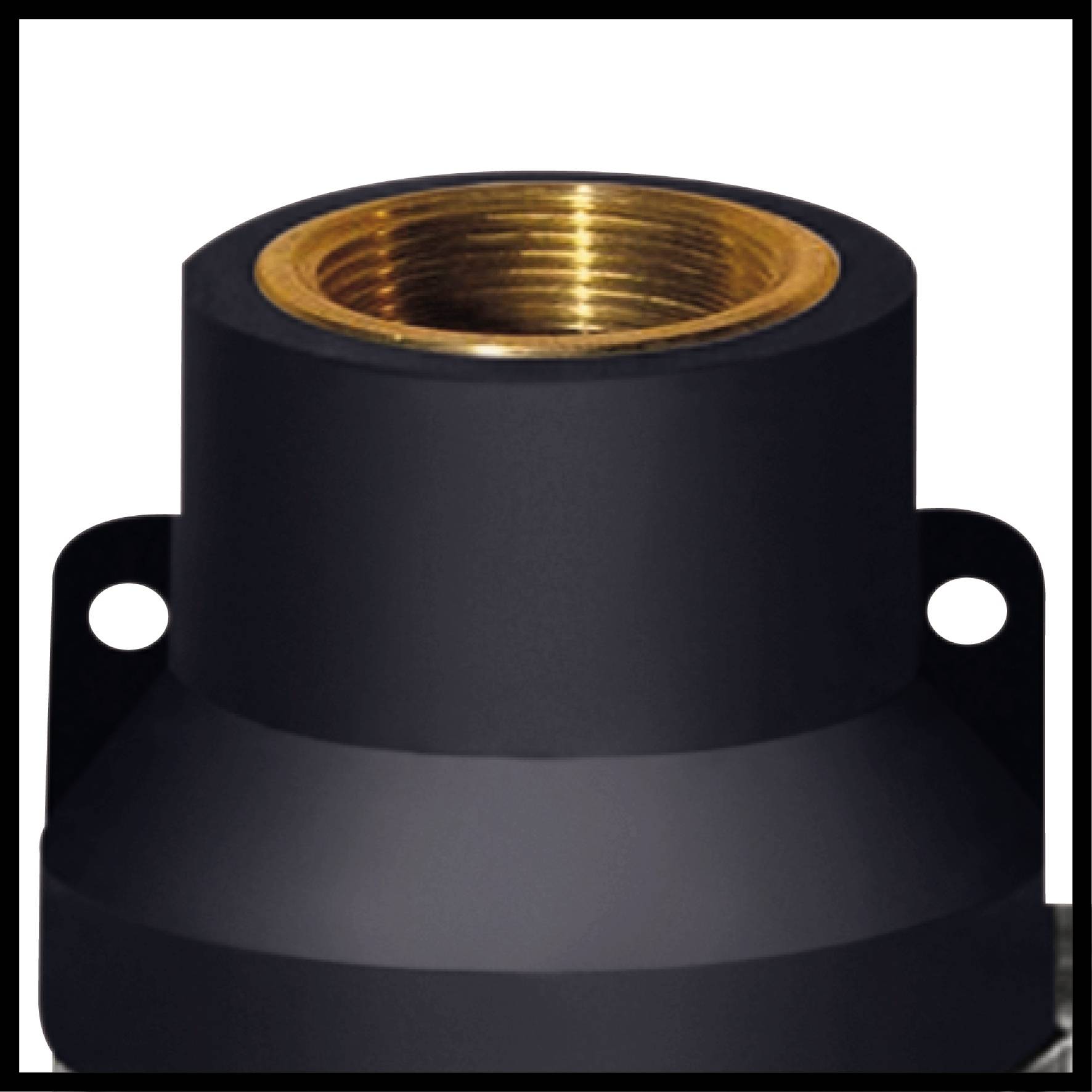 Ein bronzefarbenes, zylindrisches Metallstück mit einem schwarzen Gehäuse und zwei seitlichen Befestigungslöchern.