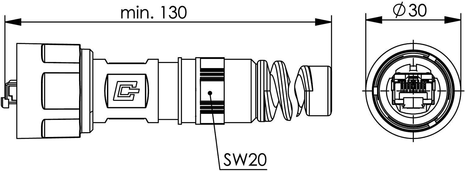 Technische Zeichnung eines Steckverbinders mit Abmessungen: Länge mindestens 130 mm, Durchmesser 30 mm, SW20-Kennzeichnung.