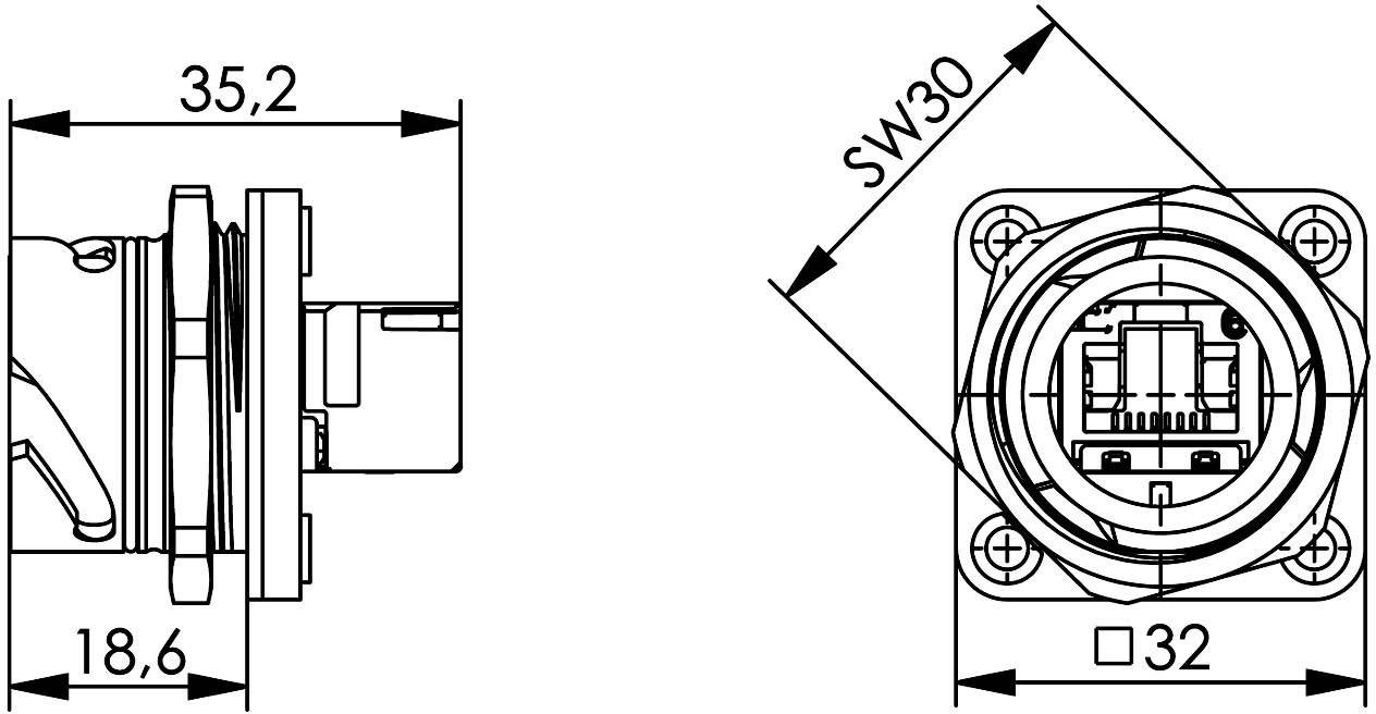 Abbildung zeigt technische Zeichnung eines elektrischen Steckverbinders mit Abmessungen: 35,2 mm Breite, 18,6 mm Tiefe, SW30 Sechskant, 32 mm Befestigung.