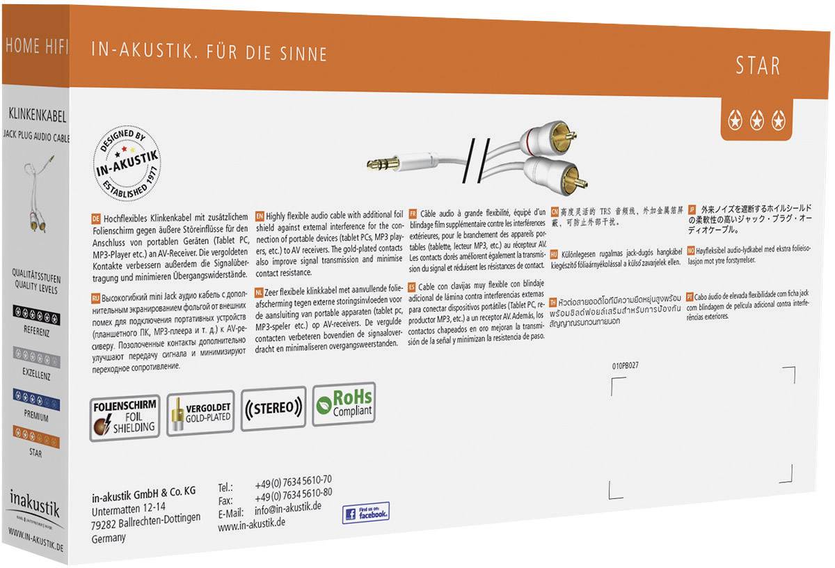 Inakustik 00310007 Cinch / Klinke Audio Anschlusskabel [2x Cinch-Stecker - 1x Klinkenstecker 3.5 mm] 7.50 m Weiß vergold-3