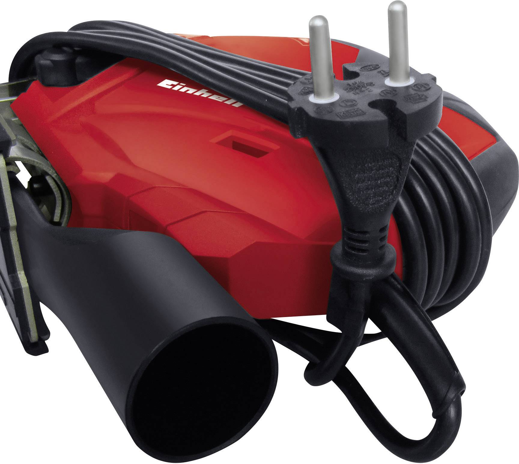 Ein roter Werkstattsauger mit schwarzem Netzkabel ist aufgerollt. Markenname oben, schwarzes Zubehörteil links.