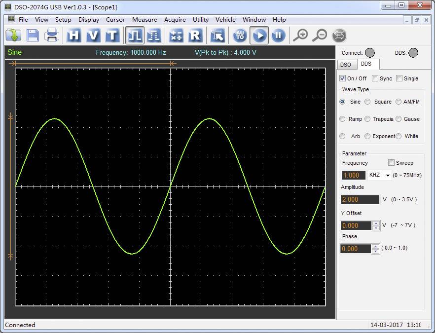 Ein Oszilloskop-Display zeigt eine Sinuswelle mit einer Frequenz von 1000,000 Hz und Amplitude von 2,00 auf einem Gitternetz.