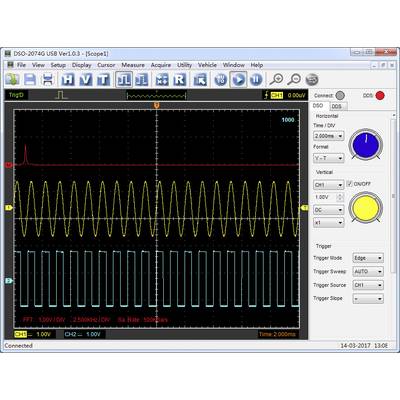 Oszilloskop-Anzeige mit drei Wellenformen: oben unregelmäßig, Mitte sinusförmig, unten rechteckig. Hauptdaten 1 kHz, 2 ms pro Division.
