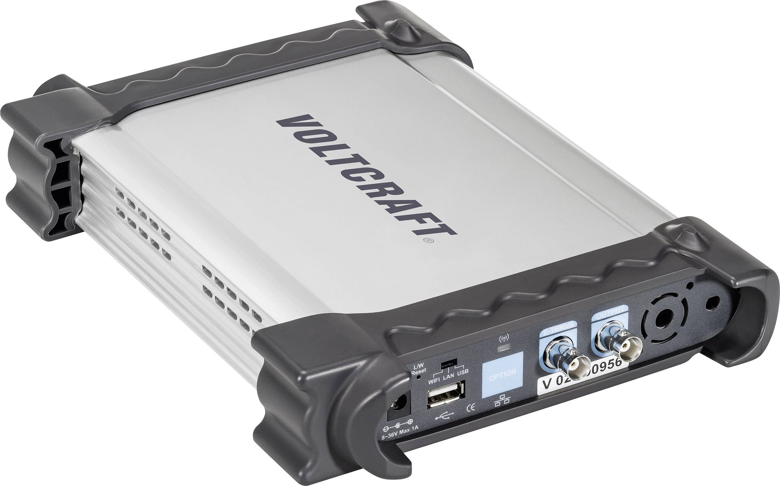 Gerät mit silbernem Gehäuse und 'Voltcraft'-Logo auf der Oberseite. Rückseite mit Anschlüssen, darunter USB und weitere technische Anschlüsse.