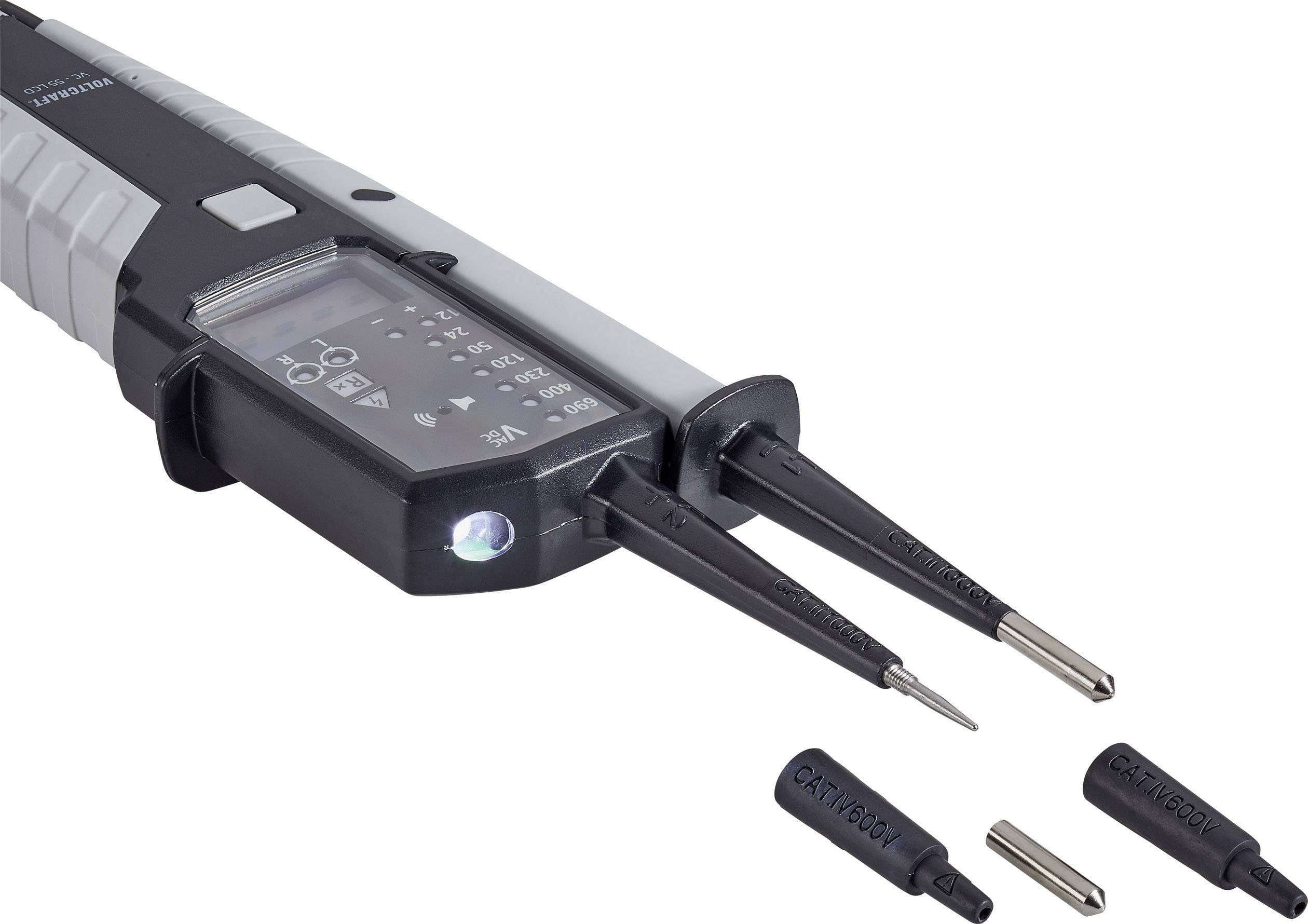 Elektronisches Prüfgerät mit zwei Messspitzen, beleuchtetem Display und drei austauschbaren Spitzenaufsätzen.