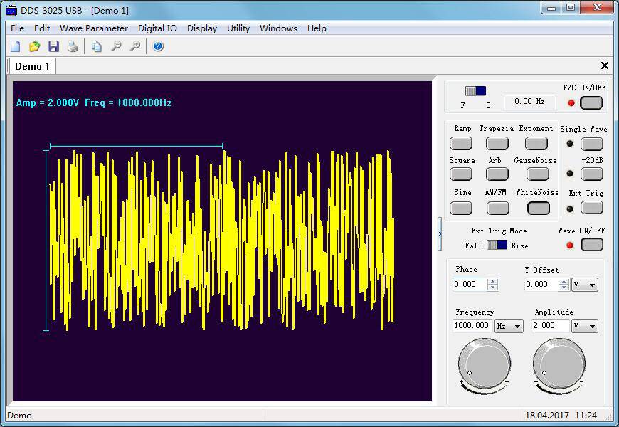 Oszilloskop-Anzeige eines gelben Sinus-Signals mit 2,00V Amplitude und 1000,000Hz Frequenz. Interface zeigt Regler für Wellenform und Frequenz.