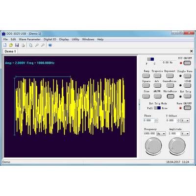 Oszilloskop-Anzeige eines gelben Sinus-Signals mit 2,00V Amplitude und 1000,000Hz Frequenz. Interface zeigt Regler für Wellenform und Frequenz.