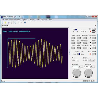 'Oszilloskop-Anzeige mit sinusförmigem Wellenmuster, Frequenz 1000000 Hz, Amplitude 2.00V. Steueroptionen für Signalparameter sichtbar.'