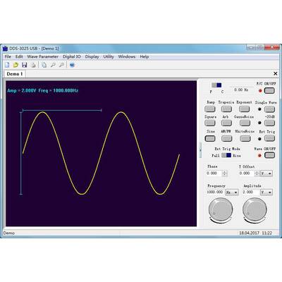 Ein Softwarebildschirm zeigt eine Sinuswelle mit einer Frequenz von 1000 Hz und einer Amplitude von 2V. Steuerknöpfe und Einstellungen rechts.