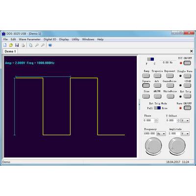 Ein Oszilloskop-Bild zeigt eine Rechteckwelle mit einer Amplitude von 2.00V und einer Frequenz von 1000.00Hz. Verschiedene Steuermöglichkeiten rechts sind sichtbar.