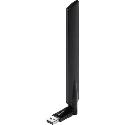 Schwarzer USB-WLAN-Adapter mit einer großen, vertikalen Antenne, designed für verbesserten Internetempfang und schnelle Datenübertragung.
