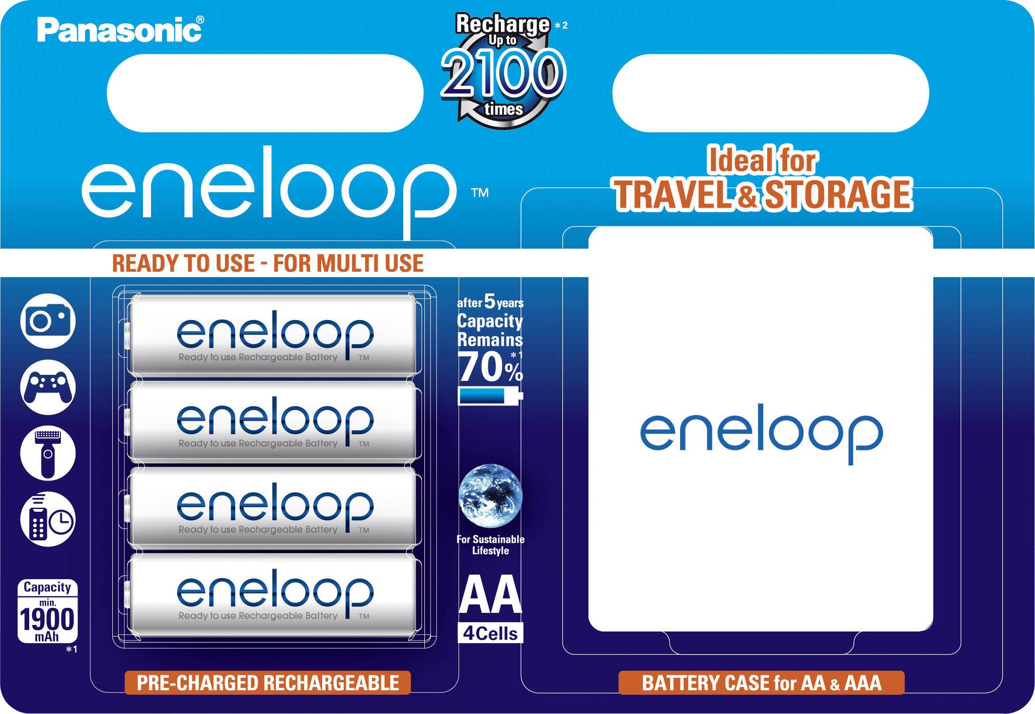 Vier aufladbare AA-Batterien der Marke 'eneloop' in einer Blisterverpackung, beschriftet mit 'Ideal for Travel & Storage'.